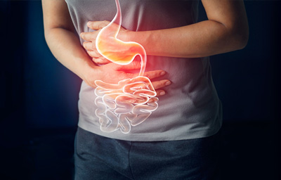 Person holding their stomach with both hands with drawing of the digestive system overlaid on top.