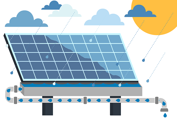 Graphic of rain splashing off form a solar panel and into a trough and down a pipe. The words Spartans make ever drop count appear to the left.