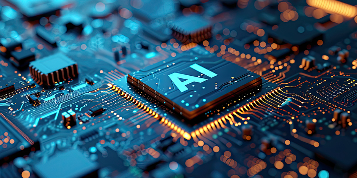 graphic of a circuit board with one of the microships reading 'AI' in big bold letters.